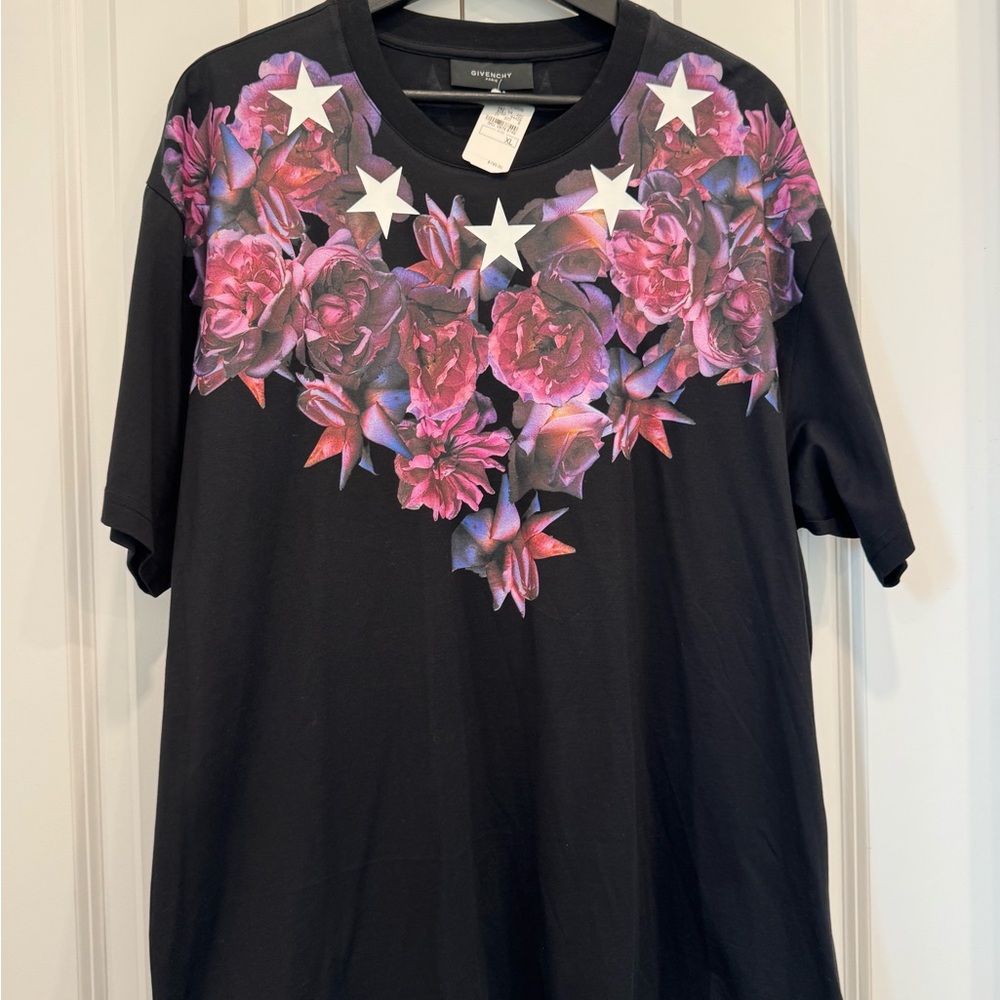 Givenchy Black Tee with Purple Floral and White Star Accents